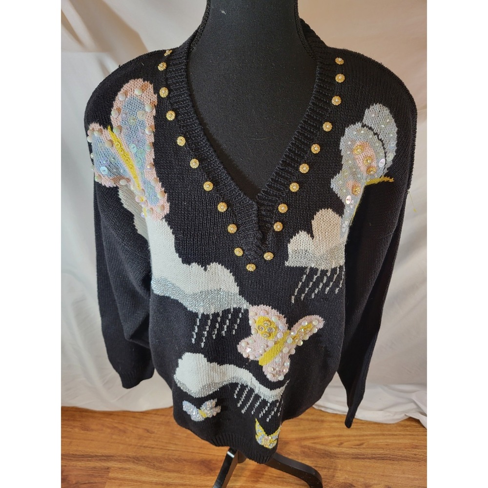 Vintage Whittail & Shon Black Butterfly & Clouds Beaded Sweater Loud Size M